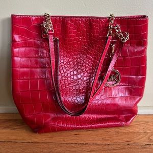 Michael Kors red crocodile print leather shoulder bag